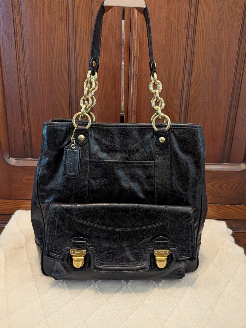 Coach 17924 Poppy Camelia Black Leather Pushlock Tote